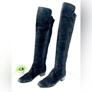 Stuart Weitzman 5050 Black Suede Over-the-Knee OTK Boots Size 7 Button Detail